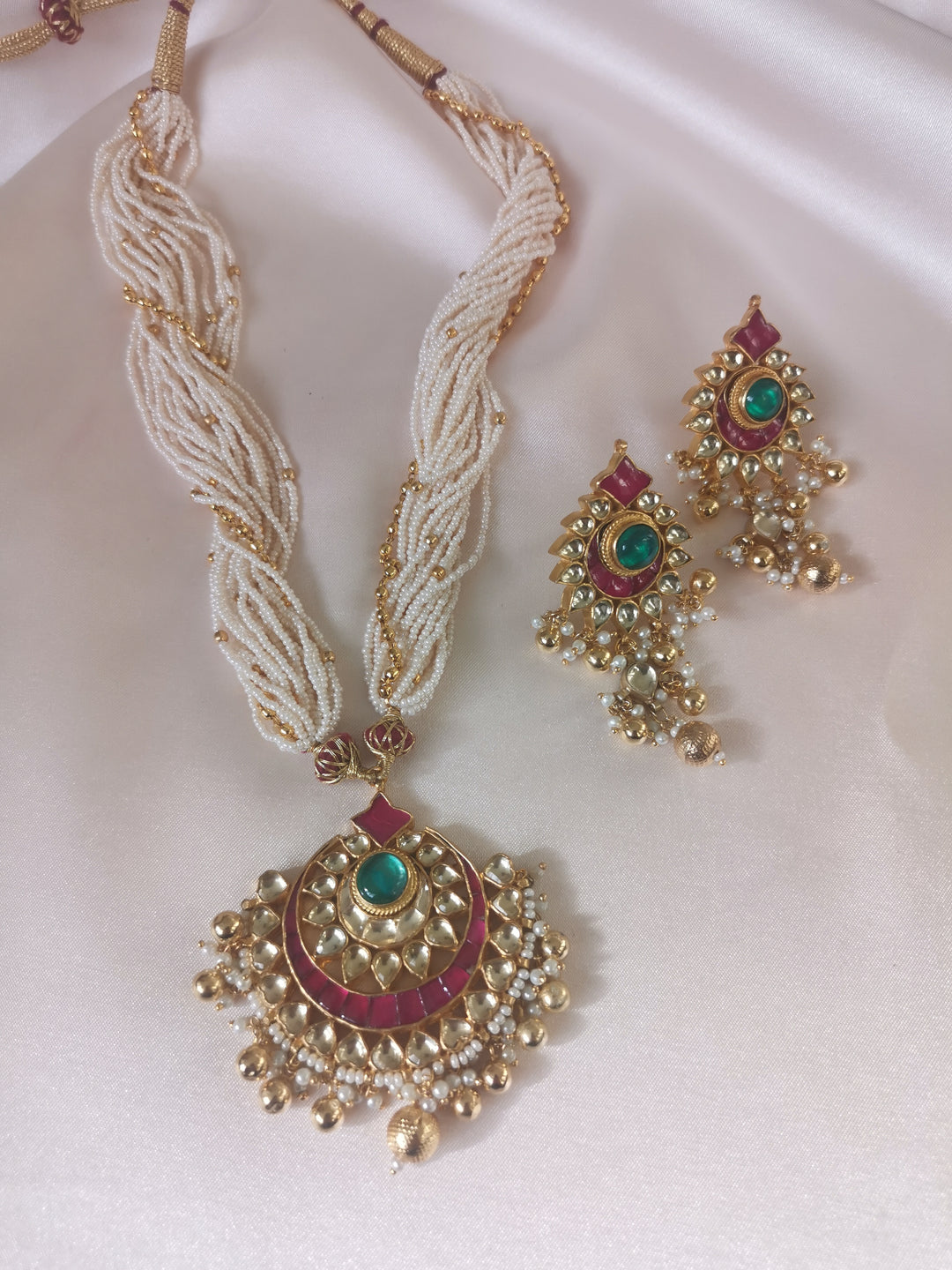 Long pearl kundan necklace set